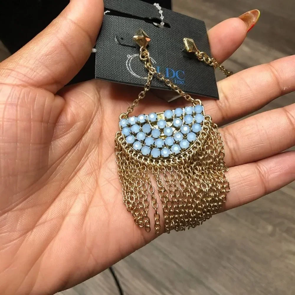 2/$30 Light Blue n Gold Chandelier Dangle drop Earrings - Picture 5 of 7
